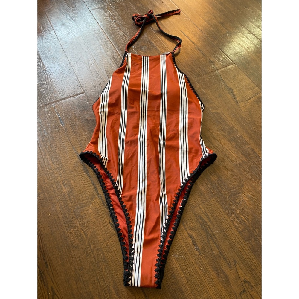 NWT Striped Threaded-Trim One Piece Swimsuit
